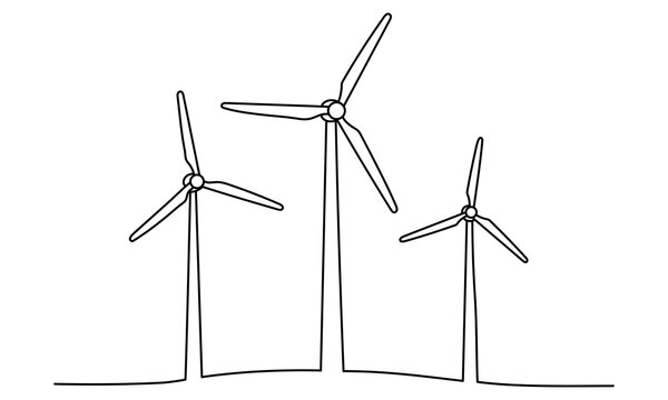 Wind mill, wind generator energy, single continuous line art drawing. Windmill tower save ecology green energy electricity. Hilly landscape with generate wind turbines. Editable stroke