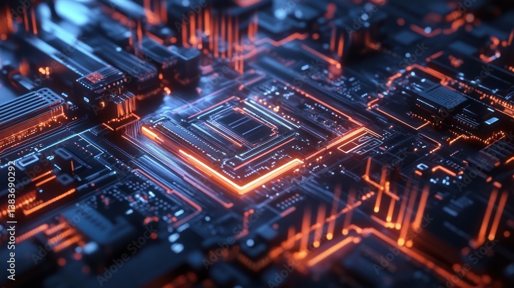 Poster illuminated circuit board showcasing advanced electronic components and design