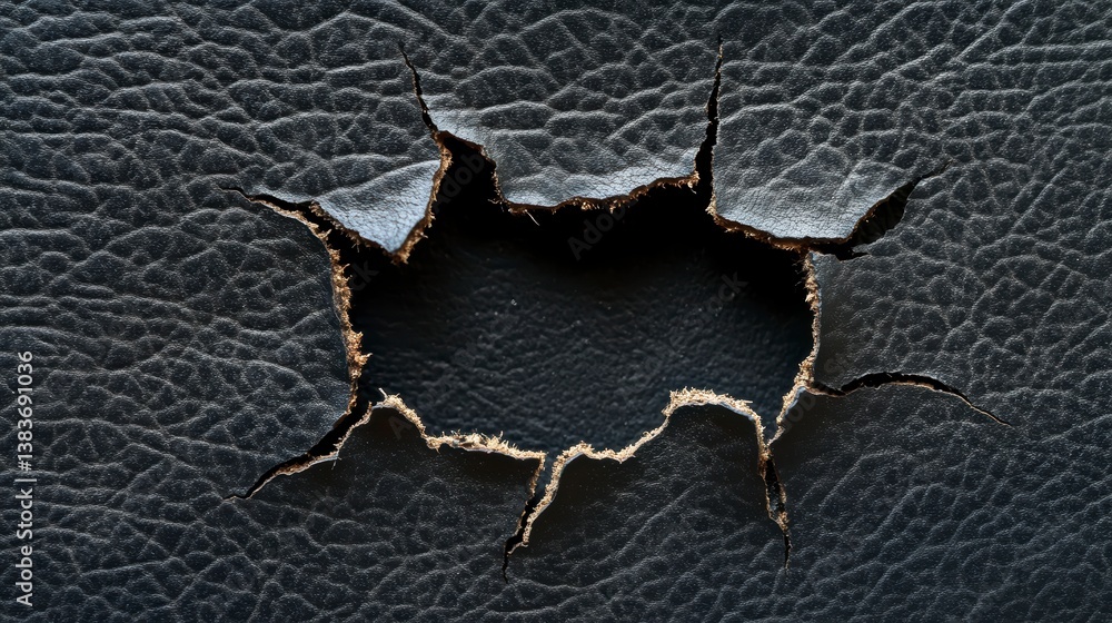 Poster Close-up of a hole in dark gray leather, showing torn edges and texture.