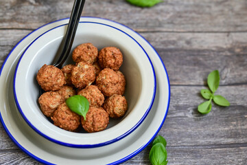 Mini pork meatballs with salsa filling.
 Party fingerfood. Diet  ketogenic food.