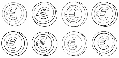 Euro Coin Outline Coloring Book Page Line Art Drawing Set White Background