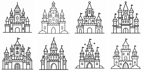 Fairytale Castle Outline Coloring Book Page Line Art Drawing Set White Background