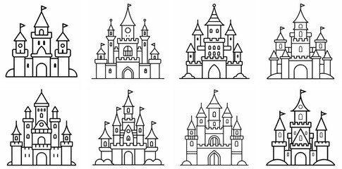 Fairytale Castle Outline Coloring Book Page Line Art Drawing Set White Background
