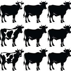 Black Cow silhouette vector icon set isolated on white background.