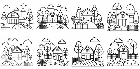 Farm or Garden Outline Coloring Book Page Line Art Drawing Set White Background

