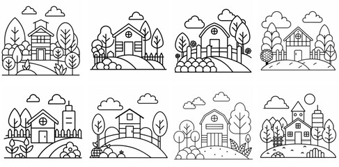 Fototapeta premium Farm or Garden Outline Coloring Book Page Line Art Drawing Set White Background
