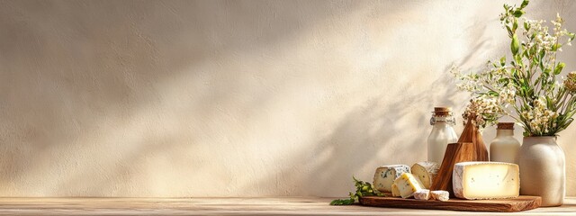 Rustic Cheese Board Arrangement with Natural Light and Floral Accents