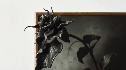 A painting of a bronze plant in an eerie atmosphere, dark tones, unsettling details, antique patina finish, white background, beautiful frame.jpg