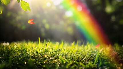 Obraz premium Vibrant leaves descending on grass with colorful blurred background featuring a rainbow and sunlight