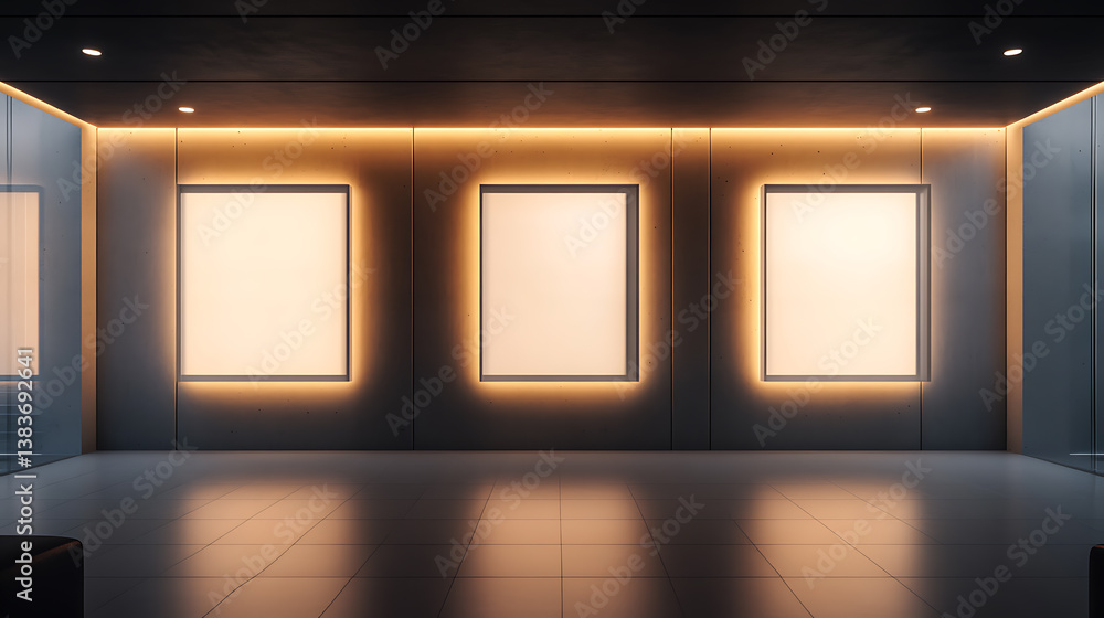 Poster modern exhibit with quadruple framing illuminated by subtle recessed lighting