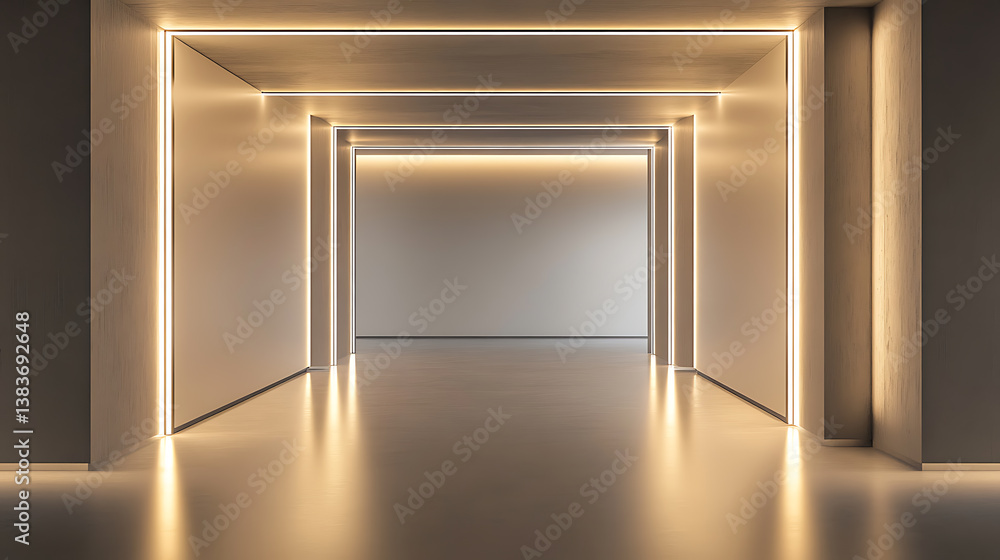Poster modern exhibit with quadruple framing illuminated by subtle recessed lighting