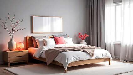 Cozy bedroom with a stylish headboard, muted blue bedding, and an artistic mix of decor, books, and natural textures
modern bedroom with minimalist decor and warm lighting.
