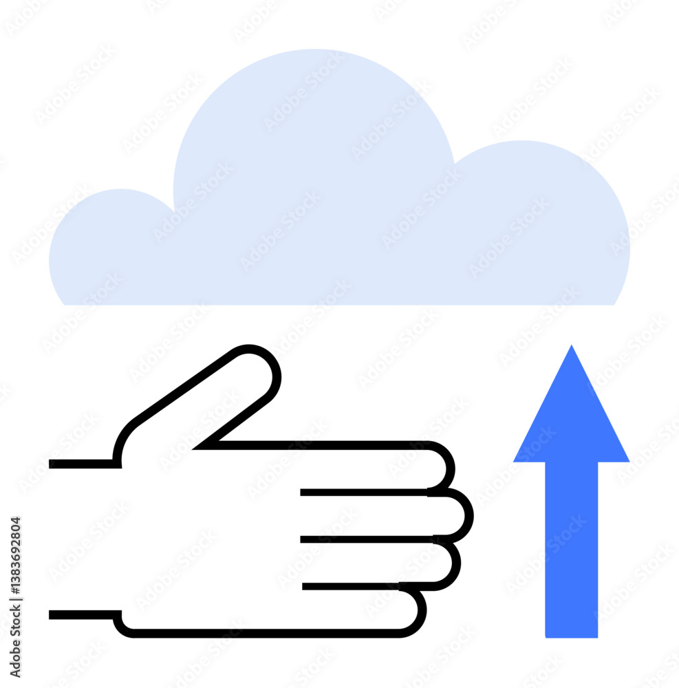 Poster hand gesture below cloud and upward arrow indicating upload. ideal for data transfer, cloud storage,
