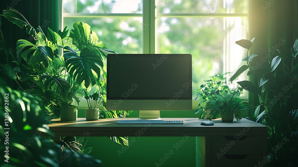 Poster modern green sustainable office work space with desk and computer screen between green plants and la