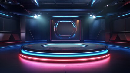 Futuristic Television Studio Set with Glowing Neon Accents and Modern Design