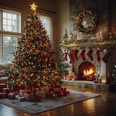 Traditional holiday setting stockings and wreath high resolution picture