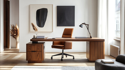 Modern home office with wooden desk and office chair against of white wall, scandinavian interior design of modern living room with comfortable workplace