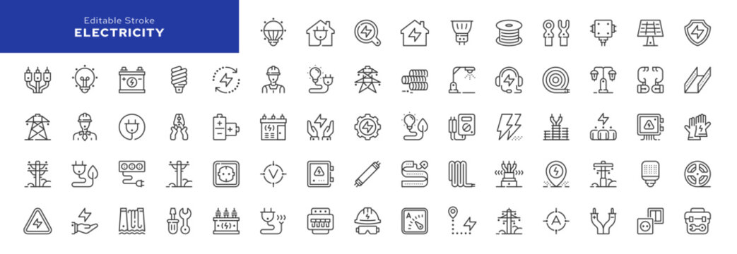 Electricity line icons set. Electric power line, light bulb, cable, wire, voltage and electrical equipment. Outline vector icon in linear style. Pictogram collection