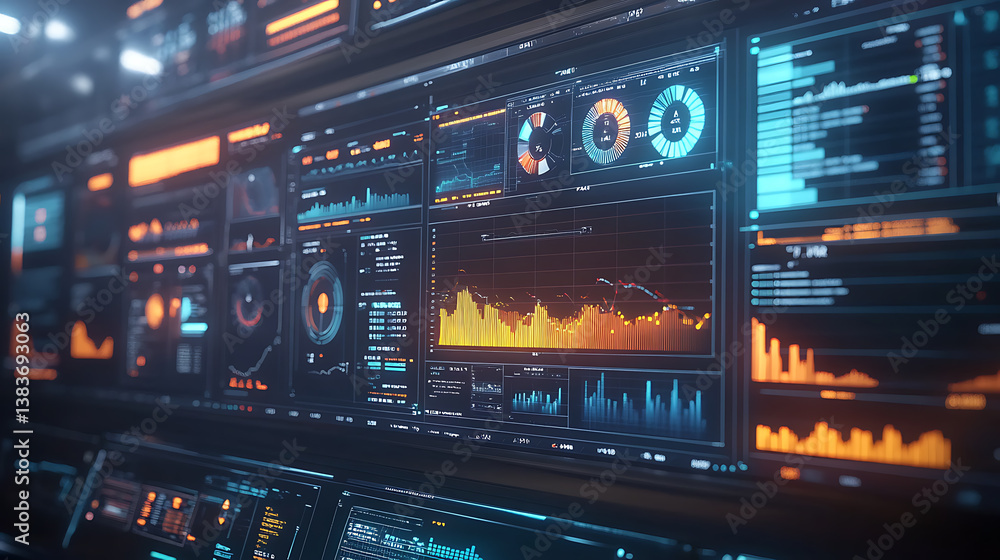 Poster Modern illustration of a dashboard with graphs and charts, web page data charts, financial assets and income flow monitoring