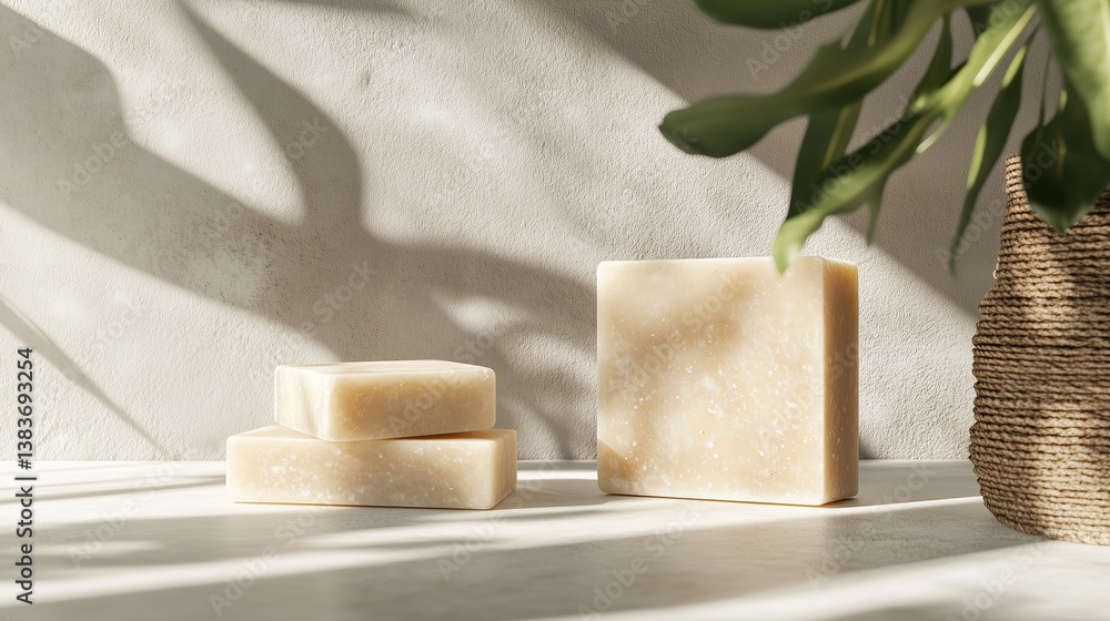 Aufkleber natural handmade soap displayed on a neutral surface with soft shadows and greenery