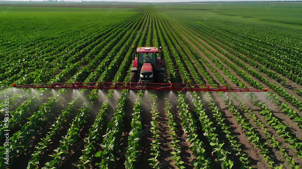 Poster gps-guided sprayer applying fertilizer to a field of soybeans, ensuring even distribution