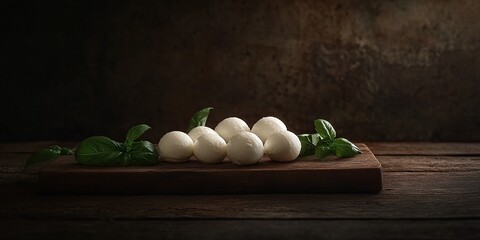 Mozzarella balls with basil leaves on an old wooden board against a dark wood background