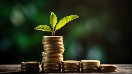 A stack of coins gradually increasing in height with green leaves sprouting from the top representing sustainable financial growth