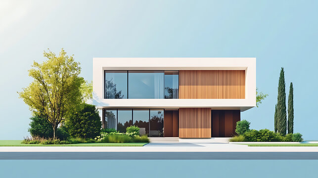 Modern luxury minimalist cubic house, villa with wooden cladding and panel walls and landscaping design front yard, residential architecture exterior