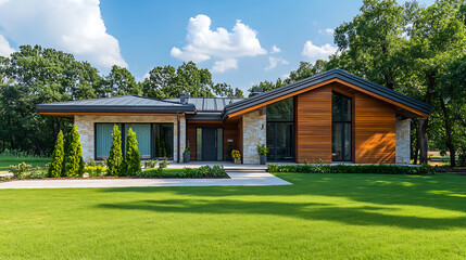 Modern minimalist ranch style private house with mono pitch roof, walls decorated with timber wood cladding, residential architecture exterior