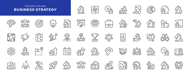 Business strategy line icon set. Goal achievement, financial strategy, management, planning, career and more. Outline vector icon in linear style. Series of pictograms.