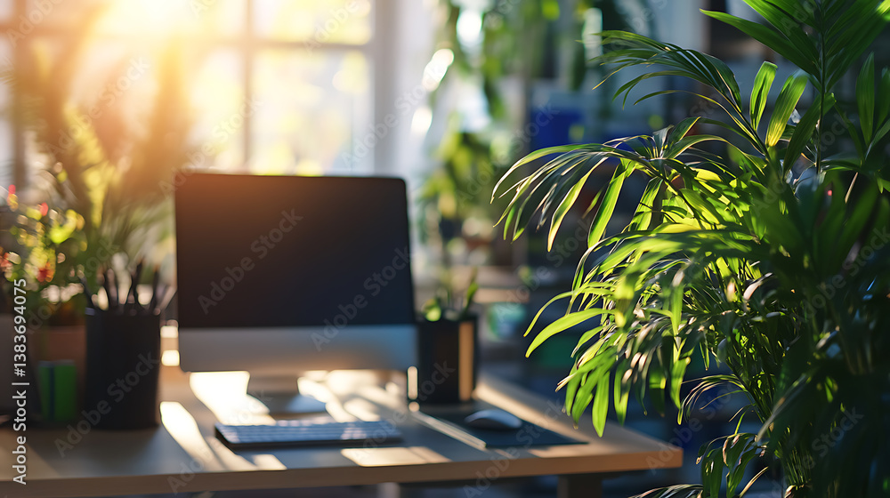 Poster modern office space with plants and computers ready for work