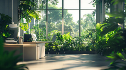 Modern office interior with lush greenery, large windows, and a minimalist desk setup, suitable for themes on eco-friendly workplaces and biophilic design