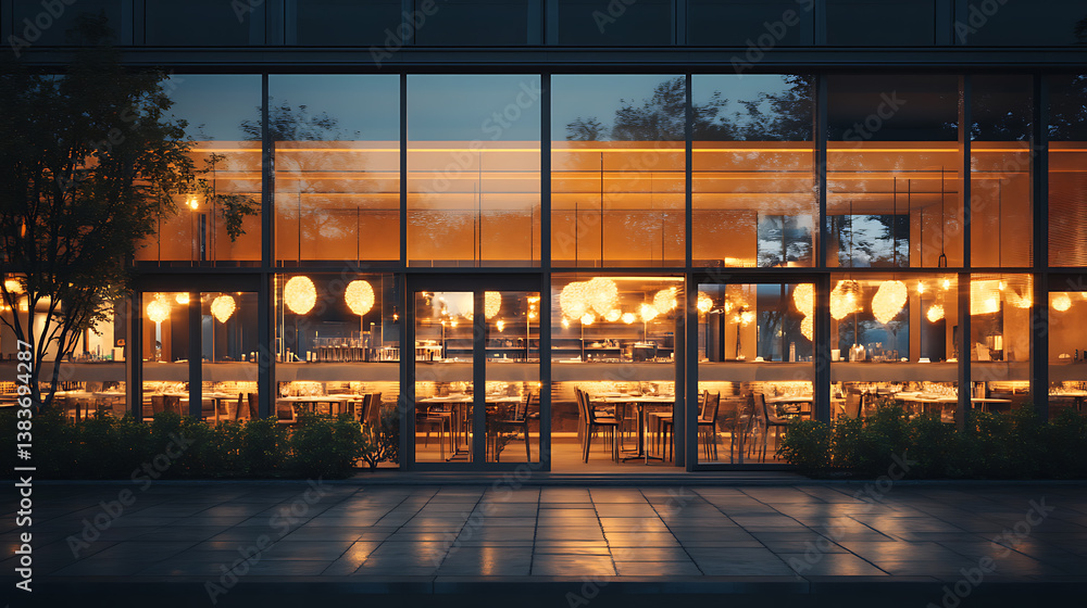 Poster modern restaurant front with transparent facade and evening light, culinary architecture concept