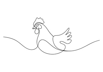 Continuous line drawing of a chicken, minimalist single-line vector illustration of a farm bird

