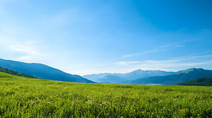 Fototapeta premium Panoramic Green Field With Mountains Under Sunny Sky