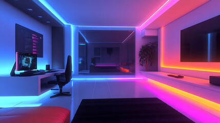 Modern room with modern computer and illuminated by colored leds, gamer room