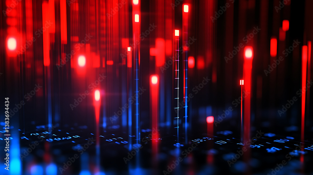 Poster Modern stock market chart with red and blue candles, candlestick charts, bar graph, grid of numbers in the background