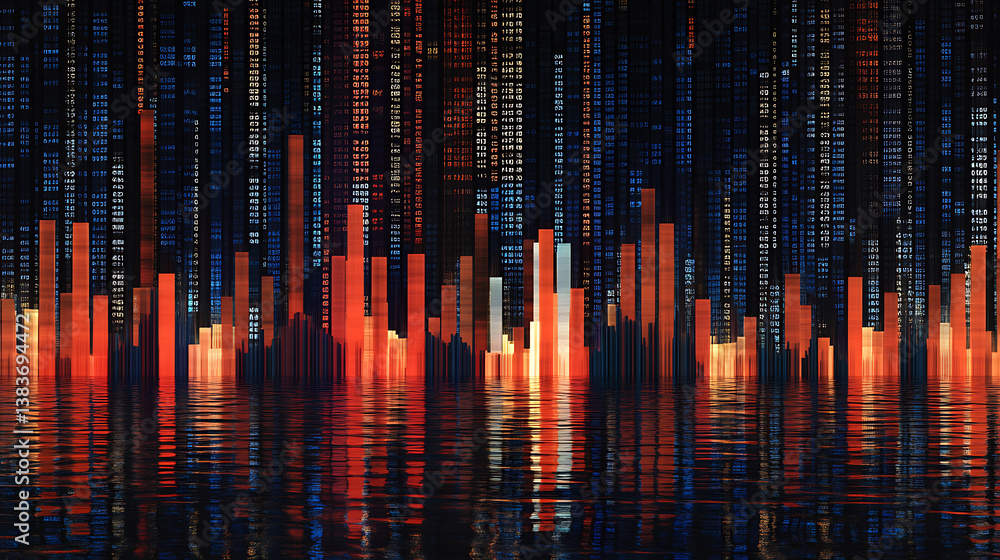Poster modern stock market chart with red and blue candles, candlestick charts, bar graph, grid of numbers 