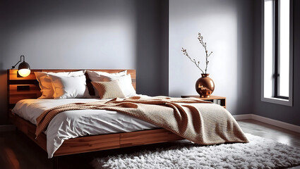 cozy bedroom with a modern Scandinavian interior style featuring soft lighting, pastel colors, and minimalist decor,
Cozy modern bedroom with minimalist decor and warm lighting
