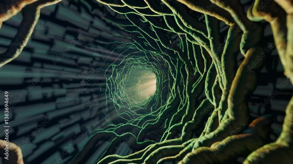 Poster mysterious tunnel with glowing light at the end creating an eerie atmosphere
