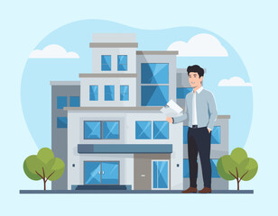 Job seeker with resume at the entrance to the business center for an interview