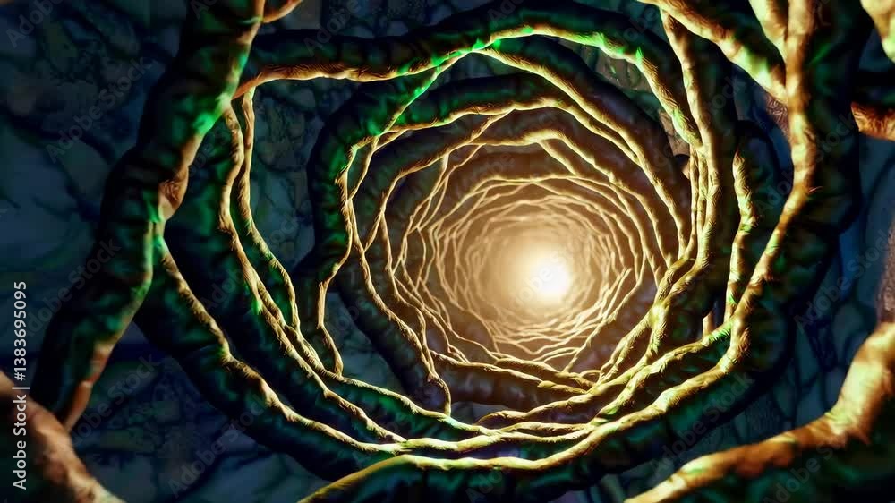Aufkleber abstract view of a twisting tunnel with illuminated end surrounded by organic patterns