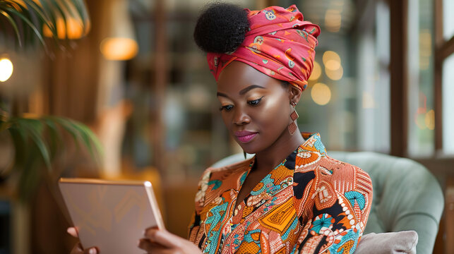 A businesswoman from India uses a tablet to analyze financial data in a futuristic virtual interface. Digital technologies.