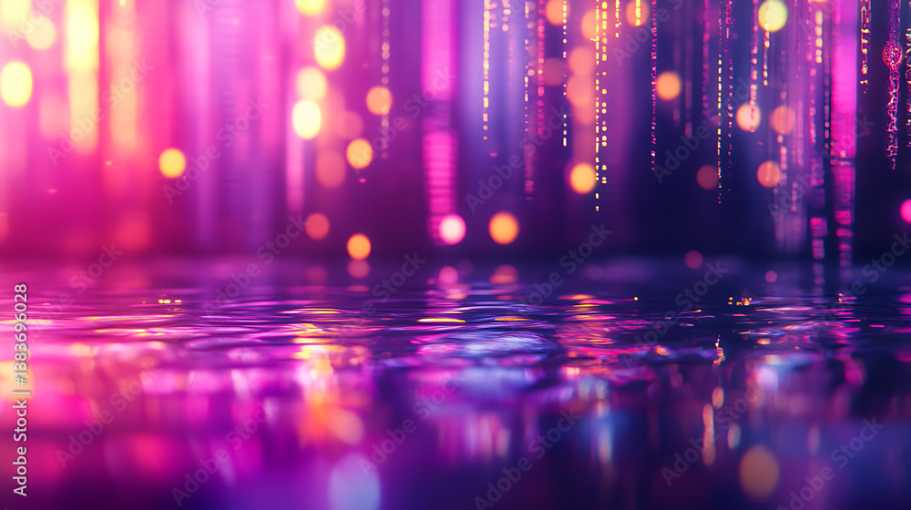 Poster neon lights and water reflections in a dark city streetabstract night background with blurred bokeh 