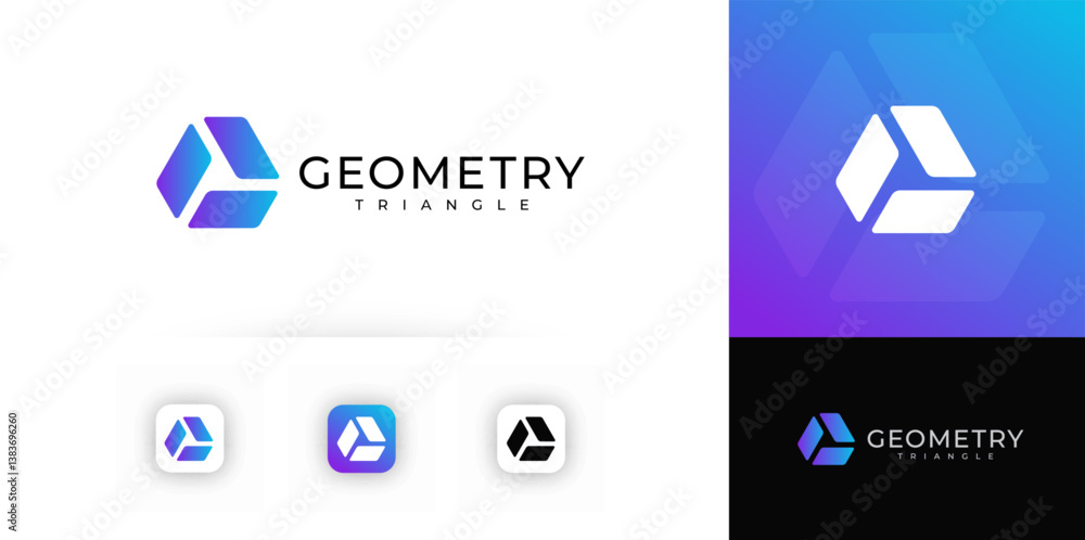 Aufkleber Three geometric shapes forming abstract triangle symbol with gradient effect, evokes structure, tech, innovation. Ideal for modern branding, digital, corporate identity. Vector logo