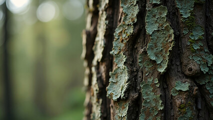 Obraz premium Close-up of textured tree bark with green lichen representing Spring awakening