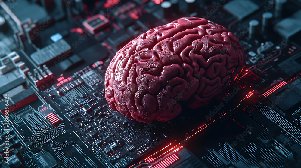 Poster Neuromorphic computing concept illustrating the integration of a brain and microchip board, artificial intelligence for advanced computational systems