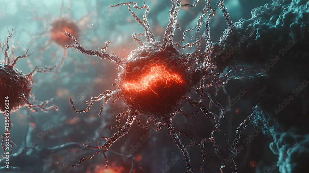 Aufkleber neurons and nervous system, nerve cells background with copy space 3d microbiology render banner