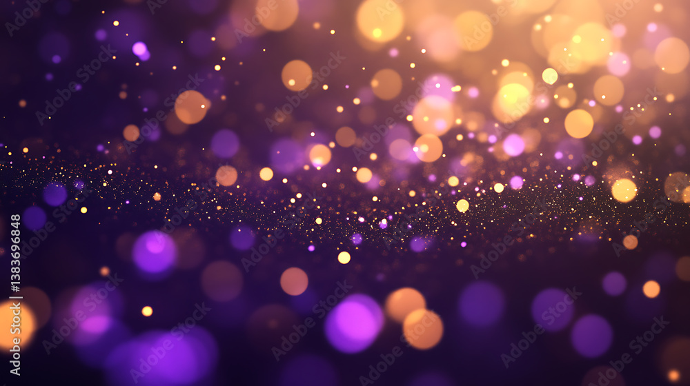 Poster new year celebration with gold and violet fireworks and bokeh effect, abstract holiday background wi