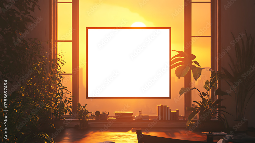 Aufkleber office setting during sunrise with blank white image frame